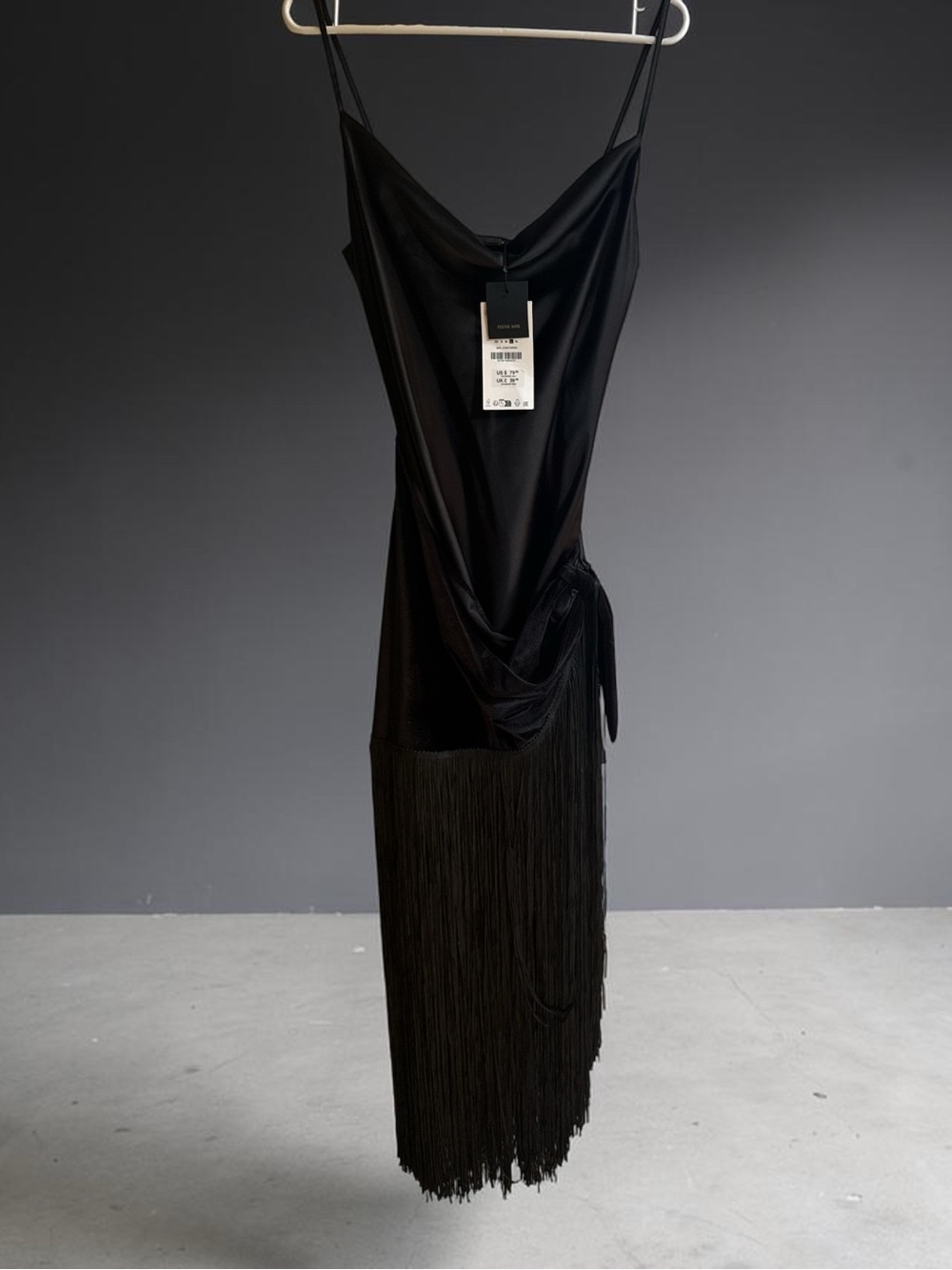 Zara Black Fringe Midi Slip Dress